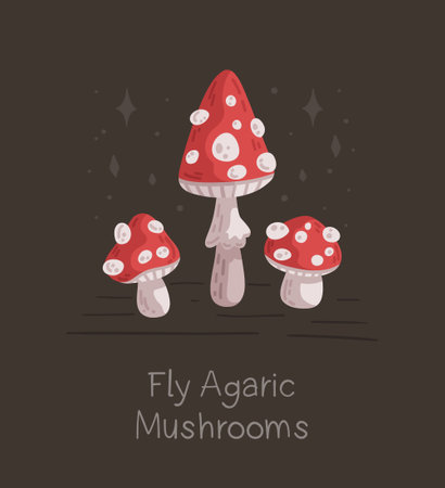 Red and white mushrooms. Banner. Vector illustration of fly agarics on brown background. Sticker for messengers and social networks.のイラスト素材