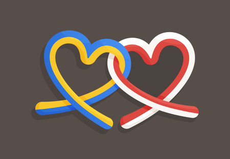 Friendship between Ukraine and Poland. Vector illustration of heart-shaped ribbons with flags of Poland and Ukraine.のイラスト素材