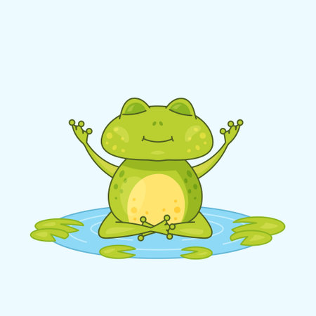 Cute frog in a lotus pose. Rest of a cheerful frog. Vector illustration of wildlife. lake.のイラスト素材