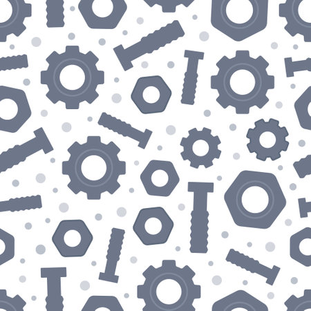 Pattern of bolts, nuts, gears on white background. Vector illustration of tool print. Screw in, repair.のイラスト素材