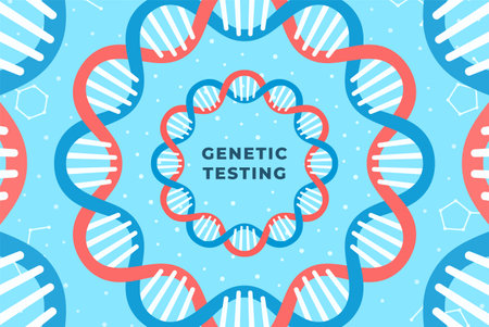 DNA vector illustration provides genetic data from a variety of materials and people and applies to many important issues. Kinship chromosomes. Applications and challenges of transcriptome sequencing in the scientific field. Figure of a twisted spiral on a blue background.のイラスト素材