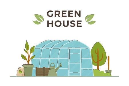 Greenhouse. Cultivate. Vector illustration of agriculture. vegetable garden. trees.のイラスト素材