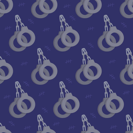 Vector illustration of handcuffs pattern on blue background. Endless drawing of weaponry for a police officer. Background for police officer's station.のイラスト素材