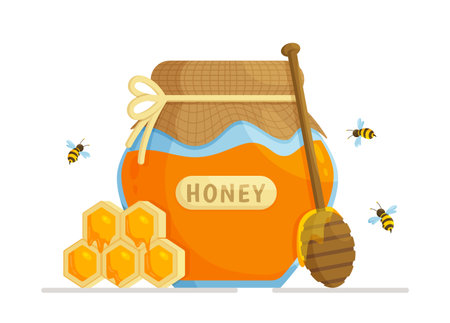 Glass jar concept with honey, honeycomb, wooden spoon and bees. Vector illustration of natural, fresh, healthy honey. Farmer's product.のイラスト素材