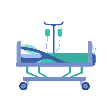 Vector illustration of an isolated hospital bed in a hospital. Also drops and other aids during treatment.のイラスト素材