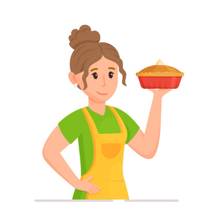 Vector illustration of a Housewife with a homemade pie in her hands. Cute girl making a delicious dessert. Isolated on a white background of someone's loving mother.のイラスト素材