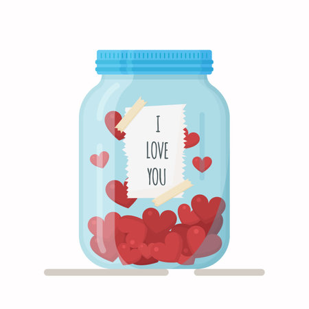 Vector illustration of a glass jar with love cards and notes. Icon of hearts in a jar. Valentine's Day design element. Flat illustration with jar and hearts.のイラスト素材