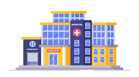 Vector illustration of an international hospital. A large hospital building, the main building in the city for treatment. Trauma center, polyclinic, hospice, IV, palliative care. Institution for the mentally ill.のイラスト素材