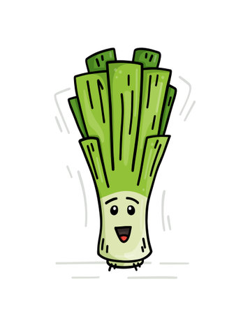 Bright, happy leeks on a white background. Vector illustration of a green vegetable with a bright outline. Cheerful face.のイラスト素材