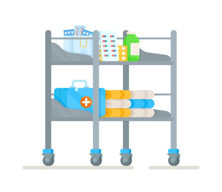 Vector illustration of an isolated table with pills, medicine and syringes. Shelves for medical drugs in the hospital. preparation for surgery. surgery department. Nurse's or nurse's medicine cabinet.のイラスト素材