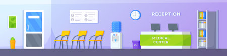 Vector illustration of a hospital background. Medical center, reception and doctor's office. Waiting area for patients.のイラスト素材