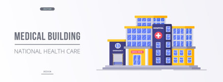 Modern vector illustration of a huge hospice building. urban construction. Modern hospital building, health care system and medical facility with all departments.のイラスト素材