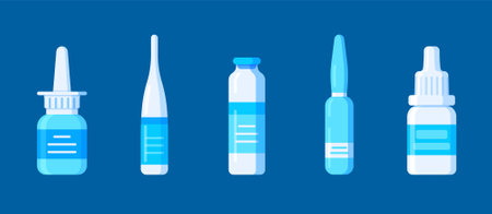 Vector illustration of a set of medical drugs on a blue background.のイラスト素材