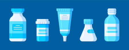 Vector illustration of a set of medical drugs on a blue background. First aid kit for a patient.のイラスト素材