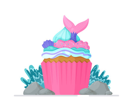 Bright cupcake with a mermaid tail. Vector illustration of homemade holiday baking. isolated on a white background.のイラスト素材