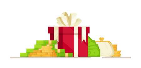 Vector illustration of a cash bonus. Drawing of money investment. A prize, a drawing in the form of money. Large red gift boxのイラスト素材