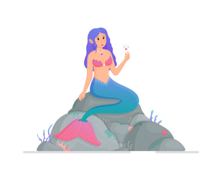A beautiful mermaid sits on large rocks. Vector illustration of a cute cartoon character. children's cartoon. magic.のイラスト素材