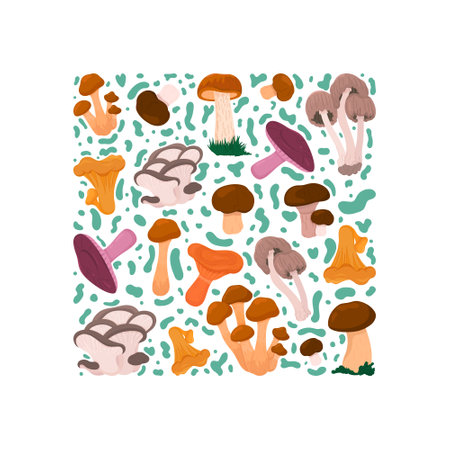 Vector mushroom illustration. Seamless pattern of mushrooms. The endless banner of the mushroom with blue blots.のイラスト素材
