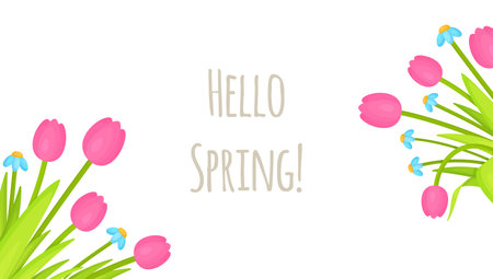 hello spring. Vector illustration of greetings to all girls and women on March 8. The arrival of spring. Warming, spring, warmth, flowers.のイラスト素材