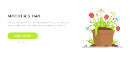 Vector illustration of a website for ordering flowers and beautiful bouquets. Preparation of a beautiful and unusual gift. Tulip in a vase.のイラスト素材