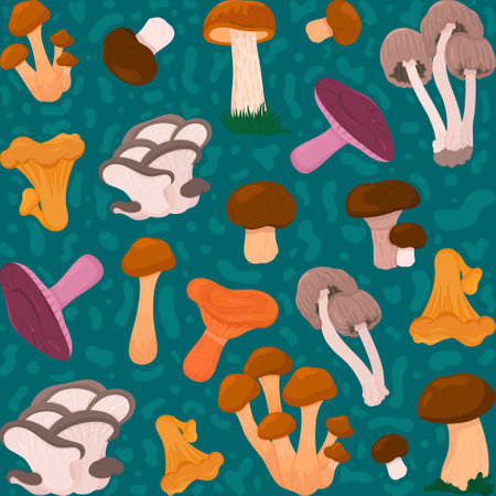 Vector illustration of different mushrooms. Seamless pattern fungi. Different fungus against a blue background.のイラスト素材