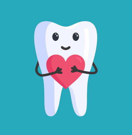 Cute and healthy tooth with a heart in the handles. Vector illustration of nice tooth. dental advertisement. clinic.のイラスト素材