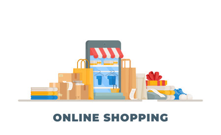 Vector illustration of the store's website. Drawing with the background in the cell. Shopping, merchandise, payment, money, shopping.のイラスト素材