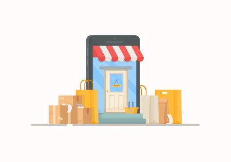 Vector illustration of a post office. Shopping at the grocery store. Drawing of bags and boxes standing at the entrance to the store.のイラスト素材