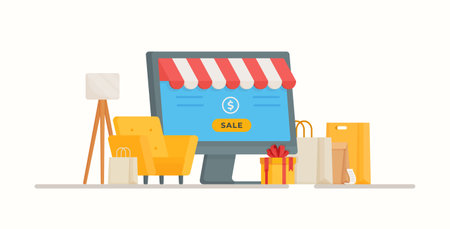 Sales and work at home. Vector illustration of a store online. Safe online shopping.のイラスト素材