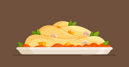 National, traditional dish of Italy. Vector illustration of a large plate of delicious pasta. hot lunch.のイラスト素材