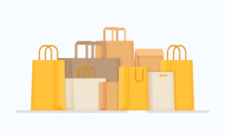 Bags of different shapes and colors. Vector illustration of purchases from the Internet. Goods ready to ship. online shopping.のイラスト素材