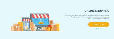 Vector illustration of the store's website. Shopping from the Internet. Oline shopping. Shopping, product, business, money, coins.のイラスト素材