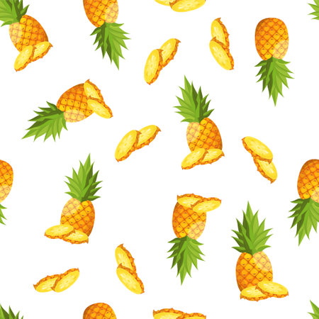 Summer pattern with pineapples. Vector seamless pattern with tropical fruits and their slices.のイラスト素材