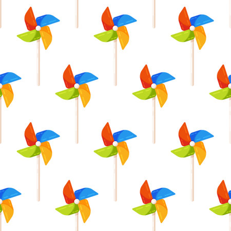 Vector illustration of pinwheel pattern. Multicolored paper toy windmills on white background. Infinite windmill pattern.のイラスト素材