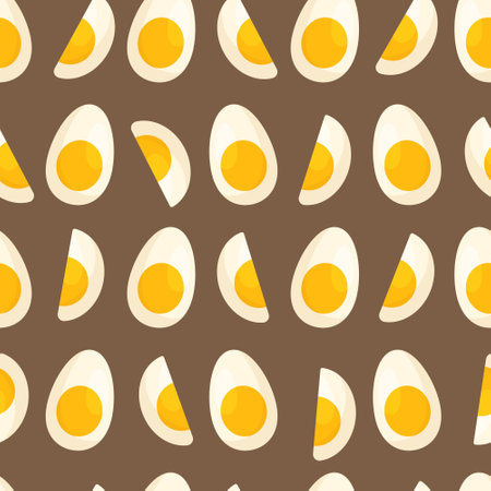 Pattern of boiled eggs isolated on a brown background. Vector illustration of cut, healthy eggs. Protein and yolk.のイラスト素材