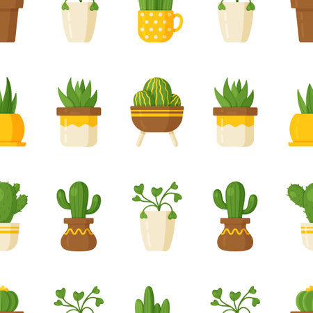Vector illustration plant pattern on white background. Seamless illustration with houseplants. Different flowers in vases and cups.のイラスト素材