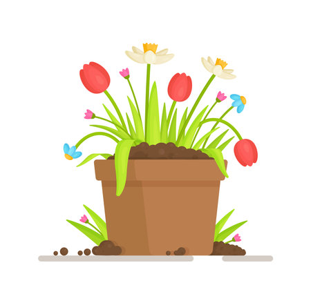 A vase with tulips. Vector illustration of sprouts and seeds. The gardener's work in the vegetable garden.のイラスト素材
