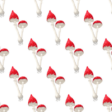 Vector illustration of mushrooms. Seamless pattern amanita. Endless picture of fungi in chess order.のイラスト素材