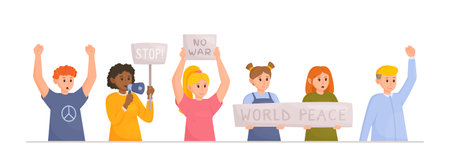 Vector illustration of people's protest. Rally against the war. Gathering of people to celebrate the war in Ukraine.のイラスト素材