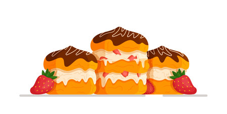 Strawberry-chocolate profiteroles concept. Vector illustration of a traditional French dessert. Appetizing pastries for tea.のイラスト素材