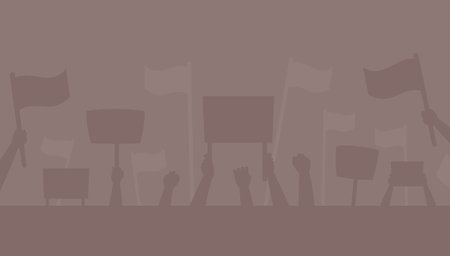 The Big Protest. Being against authority. Vector illustration of protest background. Flags, signs, posters.のイラスト素材