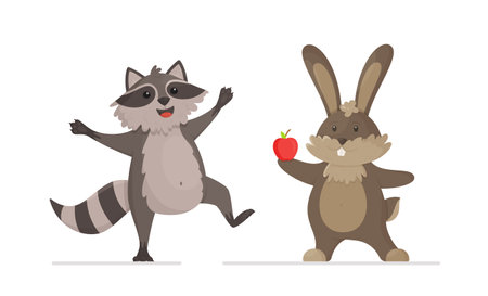 Rabbit and raccoon isolated on white background. Vector illustration of cute and fluffy animals. Gray fluffy animals.のイラスト素材