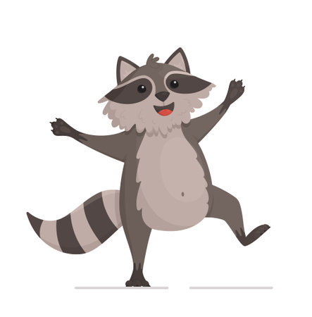 A beautiful and cheerful raccoon isolated on a white background. Vector illustration of an unusual pet. Gray fluffy.のイラスト素材