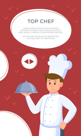 Vector illustration of restaurant flyer. restaurant flyer. A new restaurant is opening. Chef standing with dish in hand isolated on red and white background. interview.のイラスト素材
