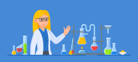 Vector illustration of a female scientist. Woman scientist working in a laboratory. Concept of a girl conducting an experiment.のイラスト素材