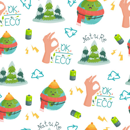 Vector illustration of a pattern on the theme of ecology. Seamless background about conservation and caring for the planet.のイラスト素材