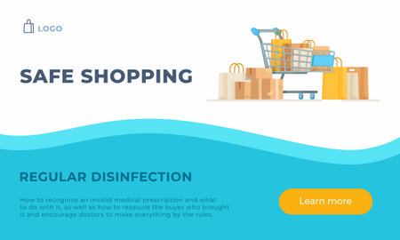Safe online shopping. Vector illustration of shopping in a store. Ordering goods at home. Store, supermarket, shopping cart.のイラスト素材