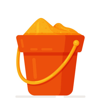 Red plastic bucket filled with sand. flat Cartoon children's toys isolated on white background. summer beach vacation sandbox gameのイラスト素材