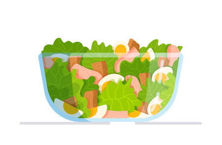 Caesar salad in a clear bowl. Vector illustration of a traditional American dish. Delicious and appetizing salad.のイラスト素材