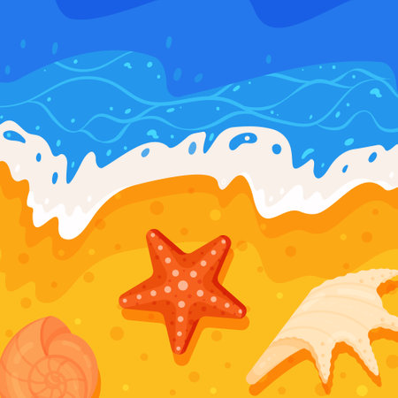 Vector cartoon style sea shore background with colorful seashells. nice sunny day. Streams of water and foam from a big waveのイラスト素材
